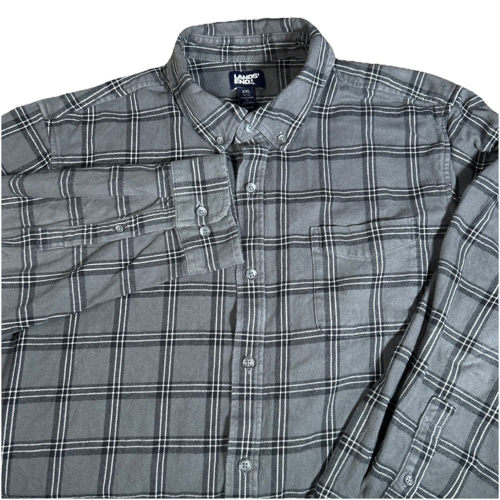 Lands End Traditional Fit Men's‎ XXL Gray Plaid Medium Weight Flannel Shirt